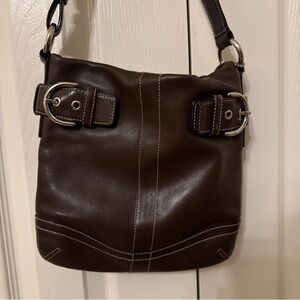 Coach Dark Brown Leather Shoulder Bag with Silver Accents